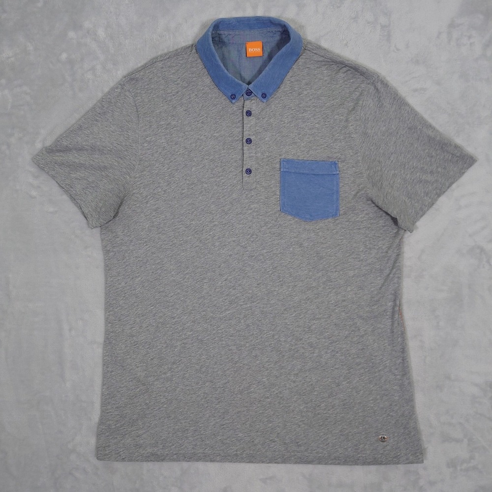 BOSS Hugo Boss Polo Shirt Mens XXL Gray Orange Label Patchwin Slim Fit Stretch